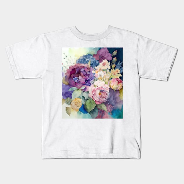 Pastel Watercolor Colorful Flowers Kids T-Shirt by UniqueMe